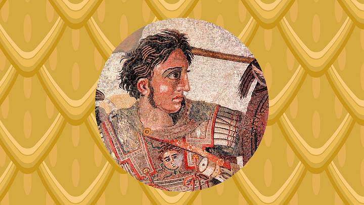 Alexander the Great against a dragon scale background