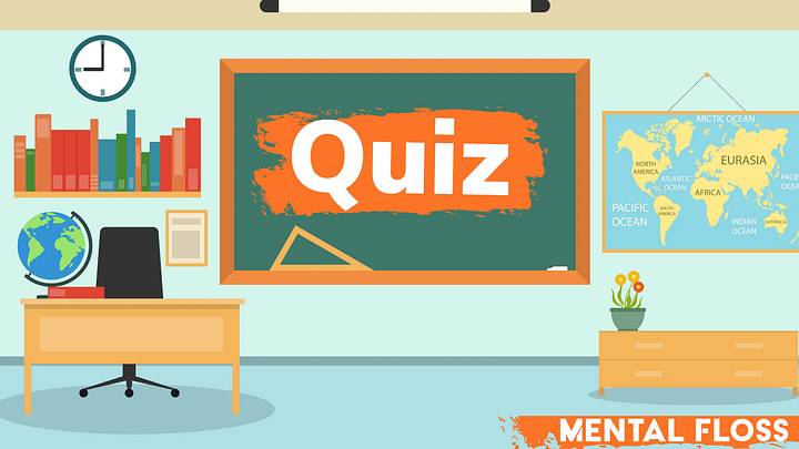 School classroom illustration with "quiz" on blackboard School classroom illustration with "quiz" on blackboard