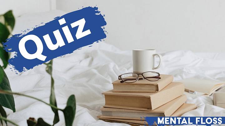 "Quiz" label on image of bed with books and cup "Quiz" label on image of bed with books and cup