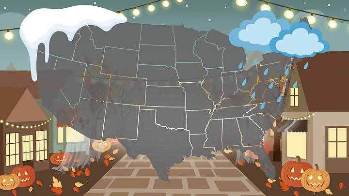Map over Halloween street with snow and rain Map over Halloween street with snow and rain