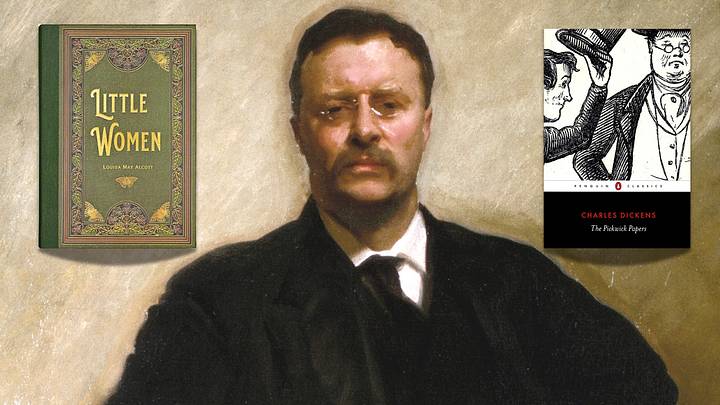 Theodore Roosevelt surrounded by two of his favorite books, ‘Little Women’ and ‘The Pickwick Papers.’ Theodore Roosevelt surrounded by two of his favorite books, ‘Little Women’ and ‘The Pickwick Papers.’