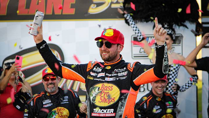 Chase Briscoe celebrates a win in the South Point 400 at Las Vegas Motor Speedway in victory lane.