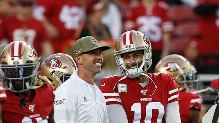 San Francisco 49ers head coach Kyle Shanahan (L) and quarterback Jimmy Garoppolo (R)
