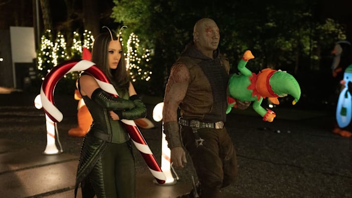 (L-R): Pom Klementieff as Mantis and Dave Bautista as Drax in Marvel Studios' The Guardians of the Galaxy: Holiday Special, exclusively on Disney+. Photo by Jessica Miglio. © 2022 MARVEL.