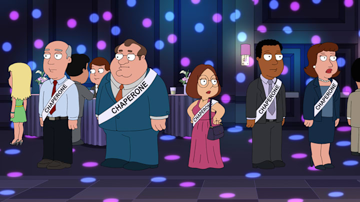 FAMILY GUY: The guys volunteer to chaperone the high school prom, Quagmire hits it off with Courtney (guest voice Mandy Moore) only to discover that she is his daughter. To his and the gangs surprise, Quagmire makes a serious effort to embrace parenting Courtney, joining Peter and Meg on an ill-fated father-daughter camping trip in the all-new No Giggity, No Doubt episode of FAMILY GUY airing Sunday, March 10 (9:00-9:30 PM ET/PT) on FOX. FAMILY GUY  and © 2019 TCFFC ALL RIGHTS RESERVED. CR: