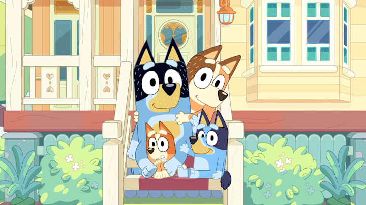 The most lovable and relatable Blue Heeler family: Bandit, Chilli, Bingo, and Bluey. ©2024 Disney Studios