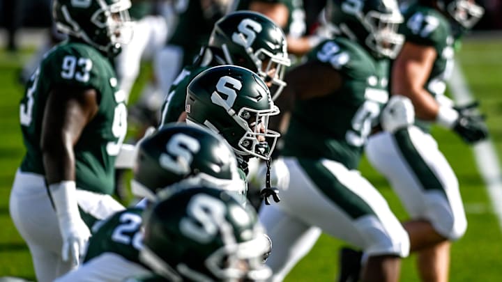 Michigan State wears the 'S' logo on their helmets for the game against Indiana on Saturday, Nov.