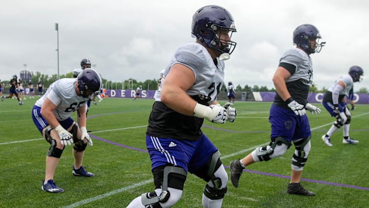 WORCESTER - Holy Cross offensive lineman Luke Newman at practice Wednesday, August 16, 2023.