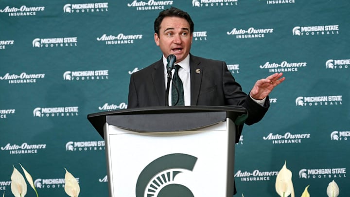 Michigan State football coach Jonathan Smith speaks during an introductory press conference on