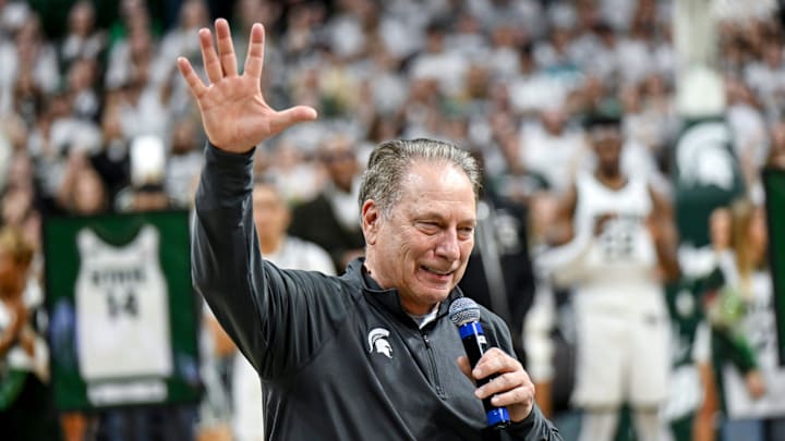 Michigan State's head coach Tom Izzo addresses the fans during the senior night celebration after the game against Northwestern on Wednesday, March 6, 2024, at the Breslin Center in East Lansing.