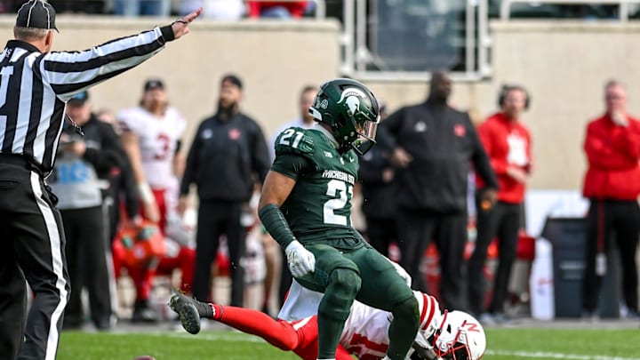 Michigan State's Dillon Tatum breaks up a pass intended Nebraska's Malachi Coleman during the fourth quarter on Saturday, Nov. 4, 2023, at Spartan Stadium in East Lansing.