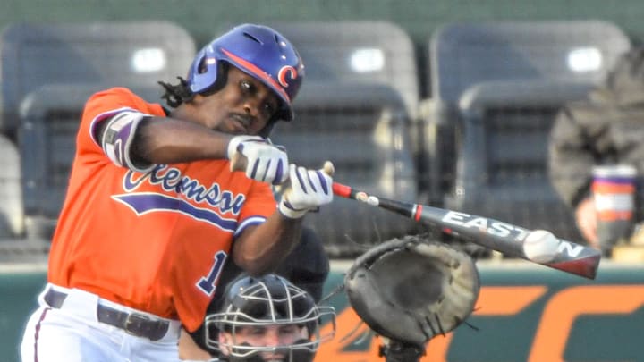 Clemson sophomore Kier Meredith(1) hits against Wake Forest during the bottom of the third inning at