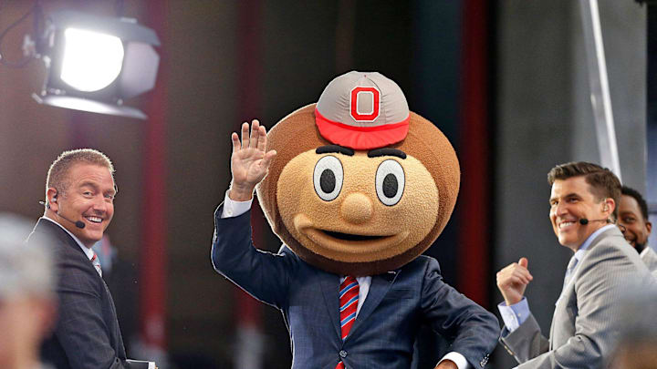 Former Indiana coach Lee Corso picks the Ohio State Buckeyes for the win over his former Hoosiers on ESPN's College Game Day before Thursday's NCAA Division I football game at Memorial Stadium in Bloomington, Ind., on August 31, 2017.