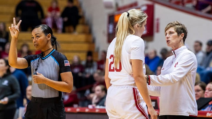 Indiana Head Coach Teri Moren talks with Julianna LaMendola (20) during the Indiana versus Northwood.