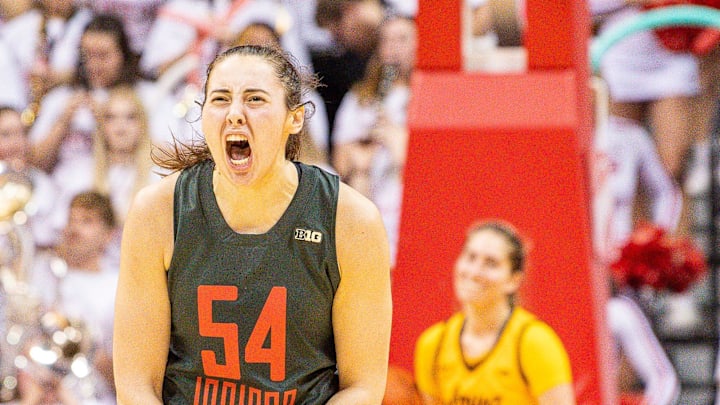 Indiana's Mackenzie Holmes (54) celebrates a big Hoosier lead during the second half of the Indiana v. Iowa game. 