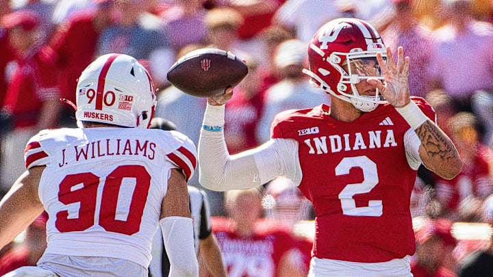 Indiana's Tayven Jackson (2) passes during the Indiana versus Nebraska football game at Memorial Stadium on Saturday, Oct. 19, 2024.