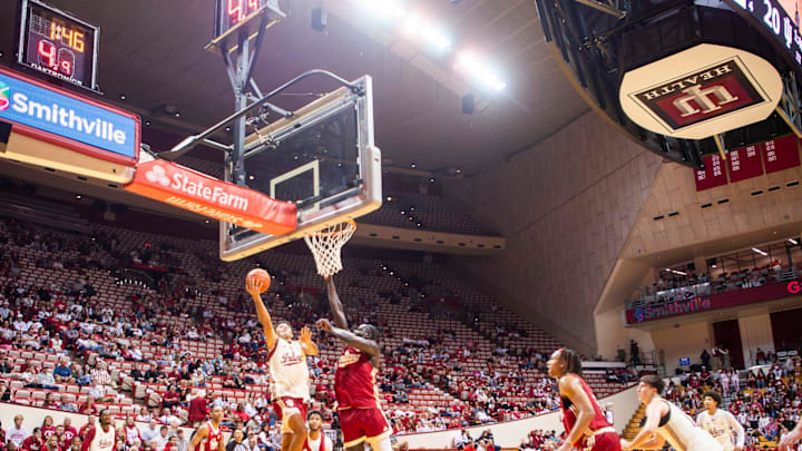Indiana's Anthony Leal (3) looks to score in the scrimmage during Hoosier Hysteria at Simon Skjodt Assembly Hall on Friday, Oct. 18, 2024.