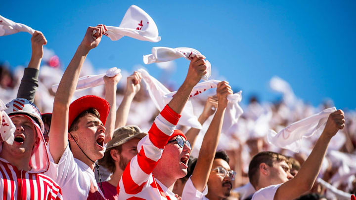 Indiana fans wave towels during the Indiana versus Nebraska football game at Memorial Stadium on Saturday, Oct. 19, 2024.