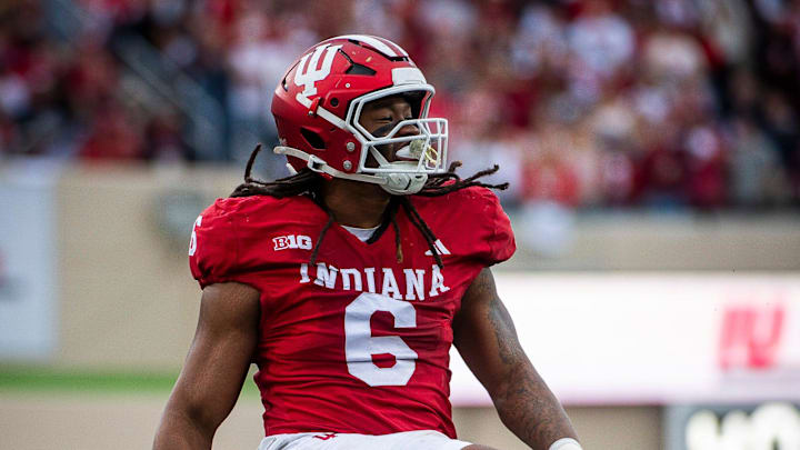 Indiana's Mikail Kamara (6) celebraters during the Indiana versus Michigan football game at Memorial Stadium on Friday, Nov. 9, 2024.