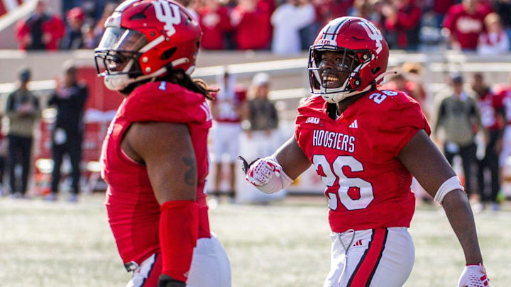 Indiana's Joshua Rudolph (26) celebrates during the second half of the Indiana versus Wisconsin football game at Memorial Stadium on Saturday, Nov. 4, 2023.