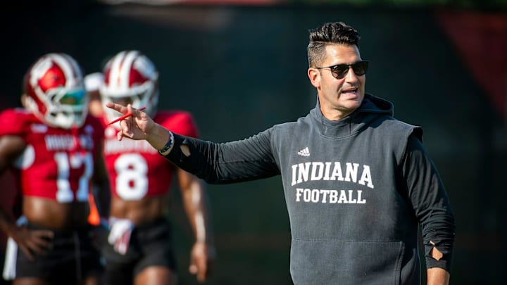 Indiana University Quarterbacks Coach Tino Sunseri instucts players during fall practice at the Mellencamp Pavilion at Indiana University on Tuesday, Aug. 6, 2024.