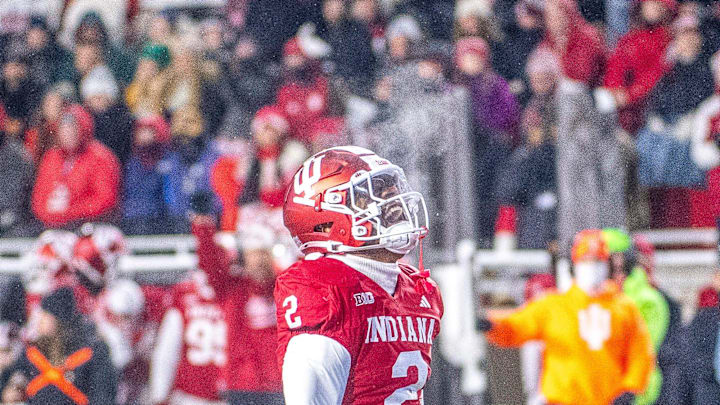 Indiana's Jalin Walker (2) celebrates a sack during the Indiana versus Purdue football game at Memorial Stadium on Saturday, Nov. 30, 2024.