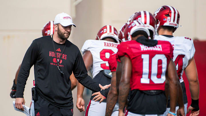 Indiana University Offensive Coordinator Mike Shanahan during fall practice at the Mellencamp Pavilion at Indiana University on Friday, Aug. 16, 2024.