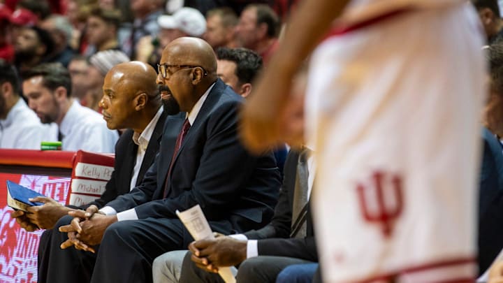 Indiana Head Coach Mike Woodson during the Indiana versus UNC Greensboro men's basketball game at Simon Skjodt Assembly Hall on Thursday, Nov. 21, 1024.