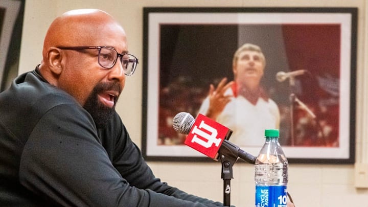Indiana Head Coach Mike Woodson, who played for Bob Knight, speaks about his influence on him and others during a press conference at Simon Skjodt Assembly Hall on Nov. 2.
 Photos by Rich Janzaruk/Herald-Times
Indiana Head Coach Mike Woodson, who played for Bob Knight, speaks about his influence on him and others during a press conference at Simon Skjodt Assembly Hall on Thursday, Nov. 2, 2023.