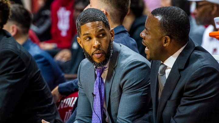 Indiana assistant coaches Yasir Rosemond, left, and Kenya Hunter, right, talk during the second half of the Indiana versus Marian men's basketball game at Simon Skjodt Assembly Hall on Saturday, Oct. 29, 2022.

Iu Marian Bb 2h Rosemond Hunter