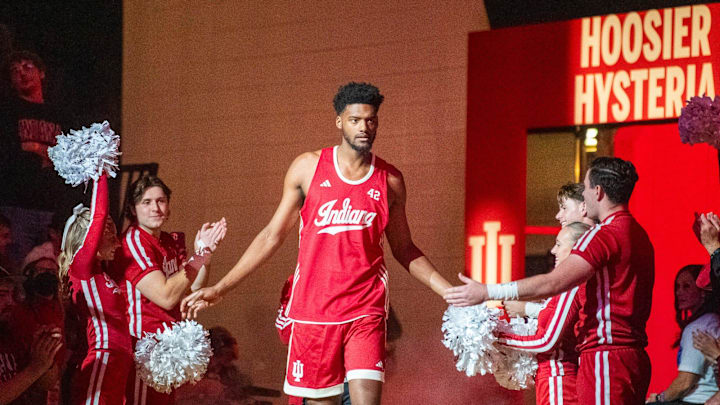 Indiana's Dallas James is introduced during Hoosier Hysteria at Simon Skjodt Assembly Hall on Friday, Oct. 18, 2024.