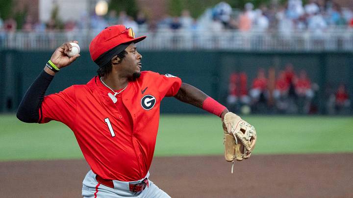 Georgia Bulldog's Tre Phelps (1) throws the ball to first base as Auburn Tigers take on Georgia Bulldogs at Plainsman Park in Auburn, Ala. on Friday, May 15, 2026.