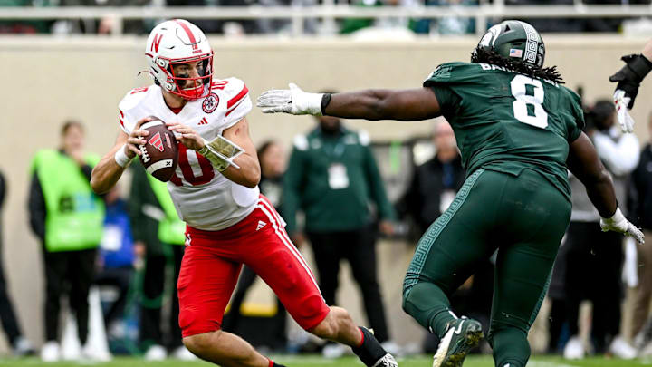 Michigan State's Simeon Barrow Jr., right, pressures Nebraska's Heinrich Haarberg during the third