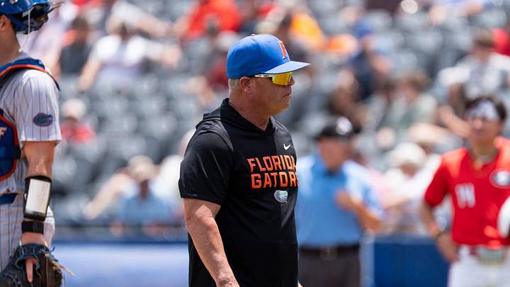 Florida Gators head coach Kevin O'Sullivan breaks huddle with his team as Georgia Bulldogs take on Florida Gators during the SEC baseball tournament at Hoover Metropolitan Stadium in Hoover, Ala. on Saturday, May 23, 2026. Florida Gators head coach Kevin O'Sullivan breaks huddle with his team as Georgia Bulldogs take on Florida Gators during the SEC baseball tournament at Hoover Metropolitan Stadium in Hoover, Ala. on Saturday, May 23, 2026.