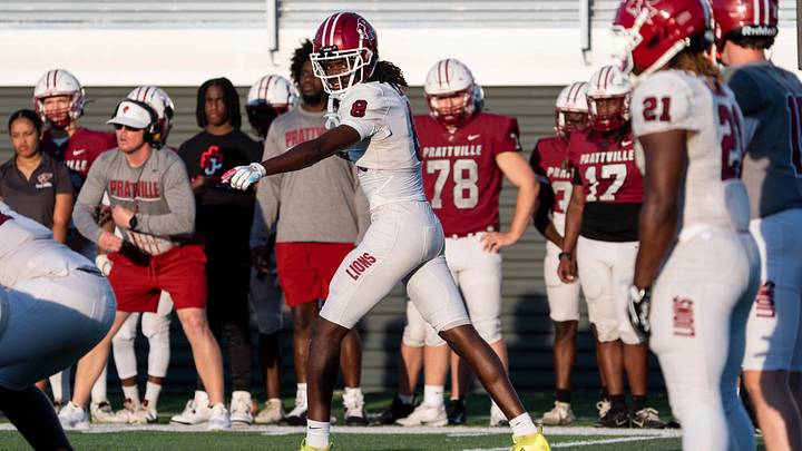 Prattville's Deshawn Hall (8) lines up during the Prattville High School football spring game at Stanley-Jensen Stadium in Prattville, Ala. on Thursday, May 14, 2026. Prattville's Deshawn Hall (8) lines up during the Prattville High School football spring game at Stanley-Jensen Stadium in Prattville, Ala. on Thursday, May 14, 2026.
