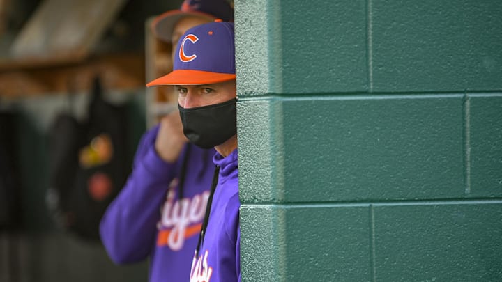 Clemson Head Coach Monte Lee during the bottom of the first inning at Doug Kingsmore Stadium in Clemson Friday, April 23,2021.

Clemson Vs Wake Forest Baseball