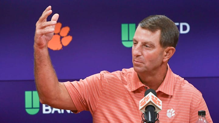 Clemson football Head Coach Dabo Swinney speaks during a press conference at the Smart Family Media Center in Clemson, S.C. Tuesday, August 27, 2024. Clemson plays University of Georgia at the Mercedes-Benz Stadium in Atlanta, Georgia Saturday, August 31 at noon.