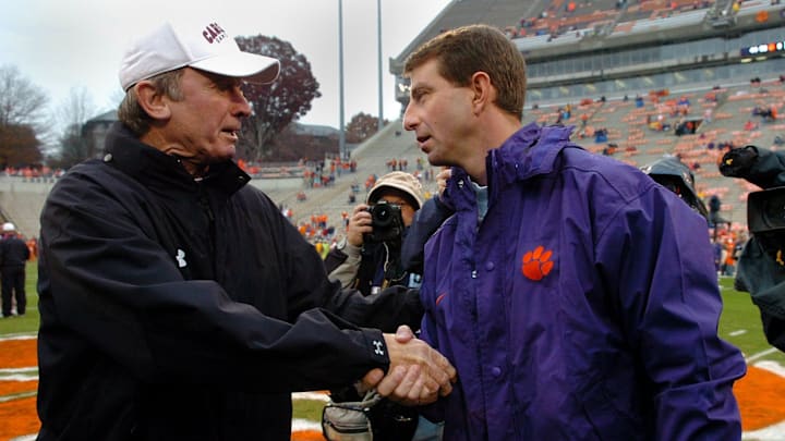 Clemson interim head coach Dabo Swinney, right, shakes hands with South Carolina head coach Steve Spurrier before the start of their game Saturday, November 29, 2008 at Clemson's Memorial Stadium.

Clemson South Carolina Football