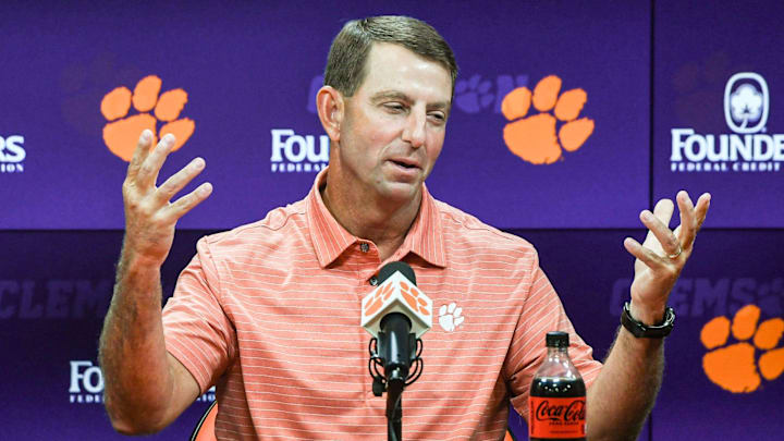 Clemson football Head Coach Dabo Swinney speaks during a press conference at the Smart Family Media Center in Clemson, S.C. Tuesday, August 27, 2024. Clemson plays University of Georgia at the Mercedes-Benz Stadium in Atlanta, Georgia Saturday, August 31 at noon.