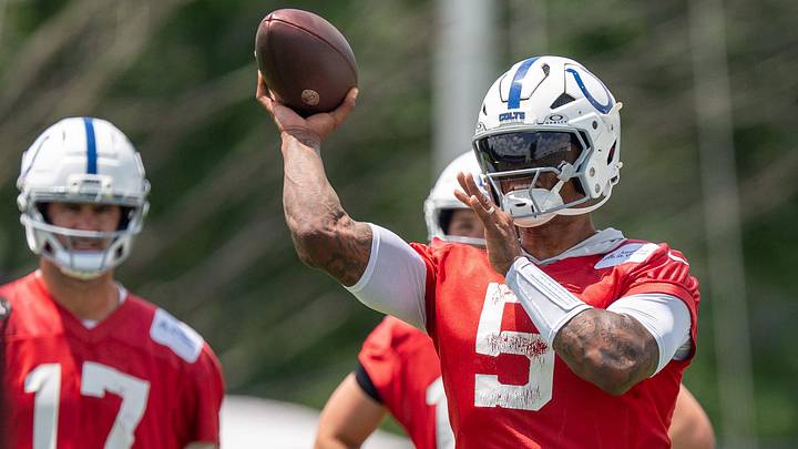 Indianapolis Colts quarterback Anthony Richardson Sr. (5) throws Wednesday, June 10, 2026, during minicamp at Indiana Farm Bureau Football Center in Indianapolis. Indianapolis Colts quarterback Anthony Richardson Sr. (5) throws Wednesday, June 10, 2026, during minicamp at Indiana Farm Bureau Football Center in Indianapolis.