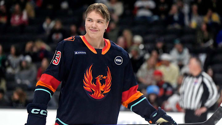 Coachella Valley Firebirds forward Jani Nyman participates in the American Hockey League 2025 All-Star Classic Skills Competition at Acrisure Arena in Palm Desert, Calif., on Sunday, Feb. 2, 2025.