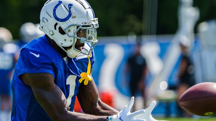 Indianapolis Colts wide receiver Parris Campbell (1) pulls in a pass Wednesday, Aug. 24, 2022,