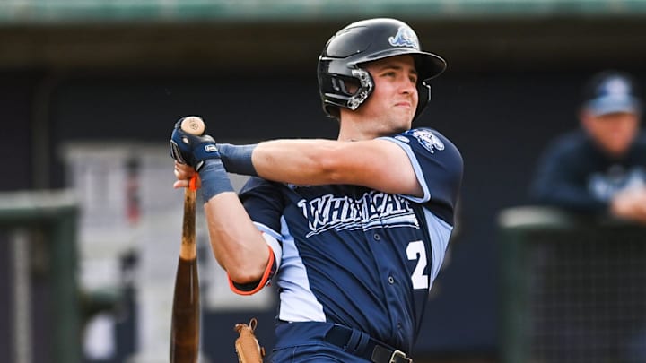 Whitecaps' Jace Jung hits against the Lugnuts in the first inning on Tuesday, April 11, 2023, at