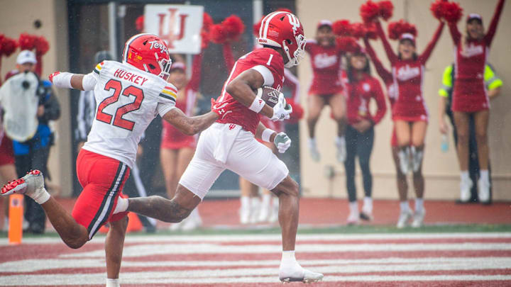 Indiana's Donaven McCulley (1) scores a touchdown during the Indiana versus Maryland football game at Memorial Stadium on Saturday, Sept. 28, 2024.