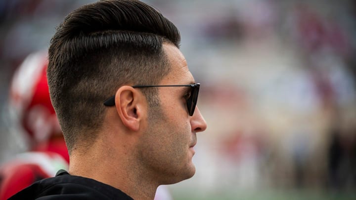 Indiana Quarterback Coach Tino Sunseri before the start of the Indiana versus Michigan football game at Memorial Stadium on Friday, Nov. 9, 2024.