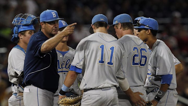 June 19, 2012; Omaha, NE, USA; UCLA Bruins head coach John Savage signals for another pitcher during the game against the Florida State Seminoles during the eight inning of game nine of the 2012 College World Series at TD Ameritrade Park. Florida State won 4-1. Mandatory Credit: Bruce Thorson-Imagn Images June 19, 2012; Omaha, NE, USA; UCLA Bruins head coach John Savage signals for another pitcher during the game against the Florida State Seminoles during the eight inning of game nine of the 2012 College World Series at TD Ameritrade Park. Florida State won 4-1. Mandatory Credit: Bruce Thorson-Imagn Images