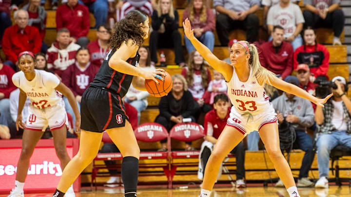 Indiana's Sydney Parrish (33) defends Stanford's Brooke Demetre (21) during the Indiana versus Stanford women's basketball game at Simon Skjodt Assembly Hall on Sunday, Nov. 17, 2024. Indiana's Sydney Parrish (33) defends Stanford's Brooke Demetre (21) during the Indiana versus Stanford women's basketball game at Simon Skjodt Assembly Hall on Sunday, Nov. 17, 2024.