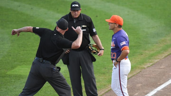Jun 9, 2024; Clemson, SC, USA; Clemson director of program development Jack Leggett and Clemson Head Coach Erik Bakich were both ejected during the top of the 13th inning of the NCAA baseball Clemson Super Regional at Doug Kingsmore Stadium Jun 9, 2024; Clemson, SC, USA; Clemson director of program development Jack Leggett and Clemson Head Coach Erik Bakich were both ejected during the top of the 13th inning of the NCAA baseball Clemson Super Regional at Doug Kingsmore Stadium