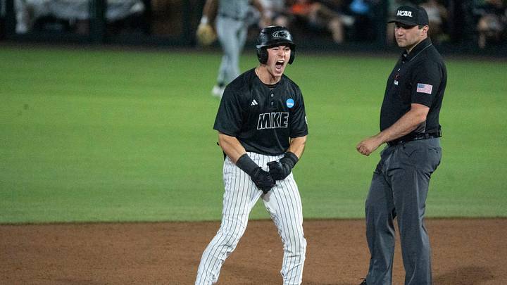 Milwaukee Panthers' Dylan O'Connell (2) celebrates his double as Milwaukee Panthers take on UCF Knights during the NCAA Regional Baseball tournament at Plainsman Park in Auburn, Ala. on Saturday, May 30, 2026. Milwaukee Panthers' Dylan O'Connell (2) celebrates his double as Milwaukee Panthers take on UCF Knights during the NCAA Regional Baseball tournament at Plainsman Park in Auburn, Ala. on Saturday, May 30, 2026.