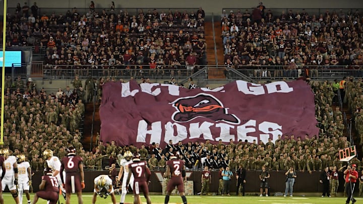 Sep 6, 2025; Blacksburg, Va.; The Hokie Bird flag displayed by the Corps of Cadets during the second quarter at Lane Stadium.